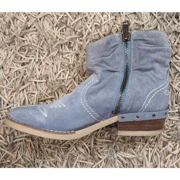 Sundance Etta Distressed Blue Suede Leather Short Ankle Boot Scrunched Size 41 - Picture 3 of 13